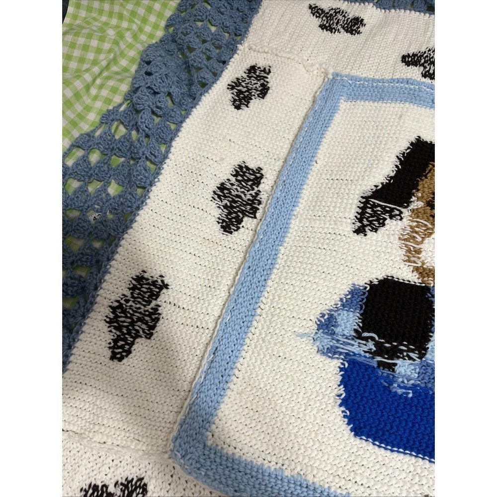 Crochet Blue White Brown Baby Blanket Afghan Handmade Puppy Dog 50x60" - Picture 9 of 10